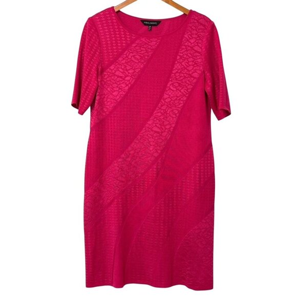 Ming Wang Knit Shift Dress Hot Pink Raspberry Short Sleeve Stretch Travel Size M - Picture 1 of 7